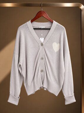 Minnie Rose Heart Intarsia Cardigan Dove Gray Ivory Oversized V-Neck Sweater XL